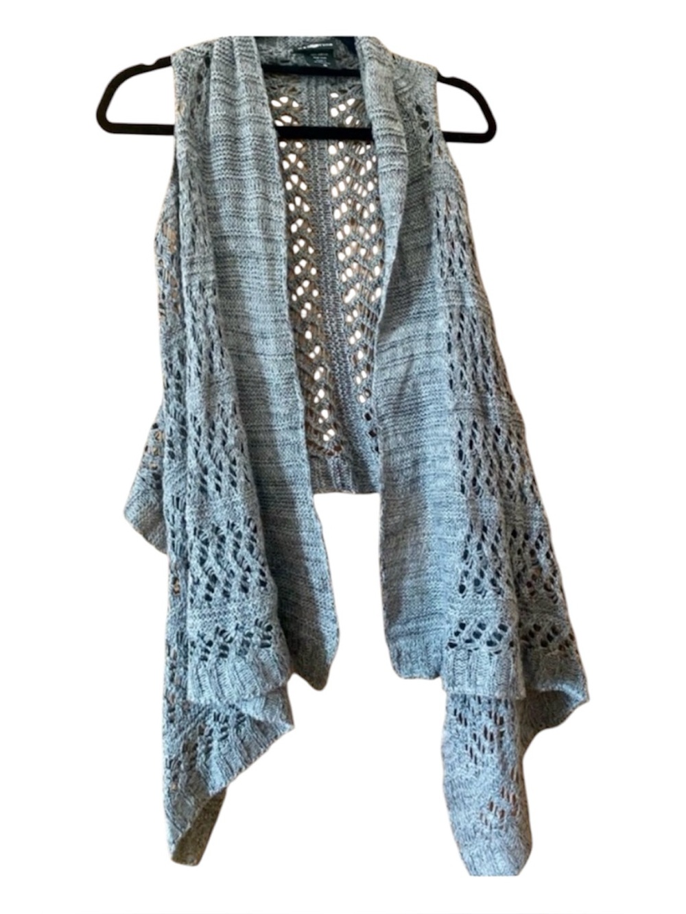It’s Our Time Gray Crochet Open Knit Waterfall Cardigan Vest Boho Size S